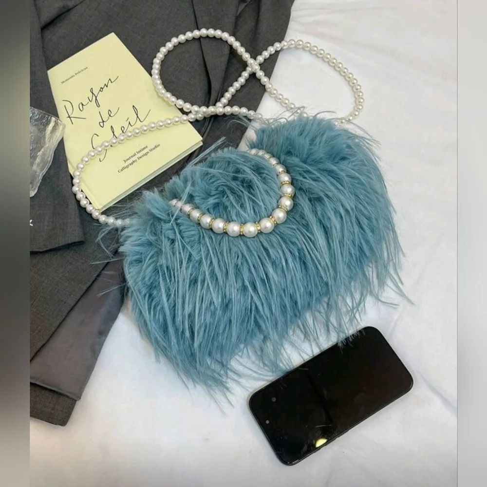 NWT Blue Super Fluffy Faux Fur Double Pearl Chain Cross Body Clutch Handbag
